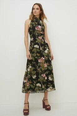 Sale Oasis Dark Sequin Floral Halter Neck Midi Dress Black