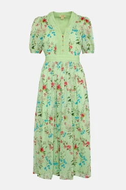 Online Oasis Delicate Floral Dobby V Neck Midi Dress Sage