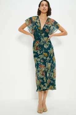 Discount Oasis Delicate Lace Floral V Neck Chiffon Midi Dress Bottle Green