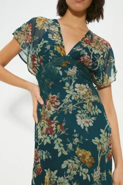 Discount Oasis Delicate Lace Floral V Neck Chiffon Midi Dress Bottle Green