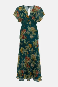 Discount Oasis Delicate Lace Floral V Neck Chiffon Midi Dress Bottle Green
