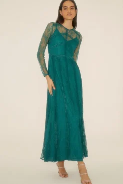 Outlet Oasis Delicate Lace Long Sleeve Maxi Dress Emerald