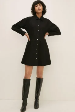 Outlet Oasis Denim Skater Button Through Shirt Dress Black