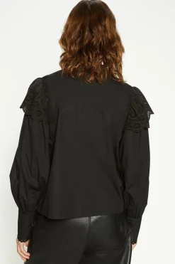 Sale Oasis Detailed Broderie Lace Trim Ruffle Blouse Black