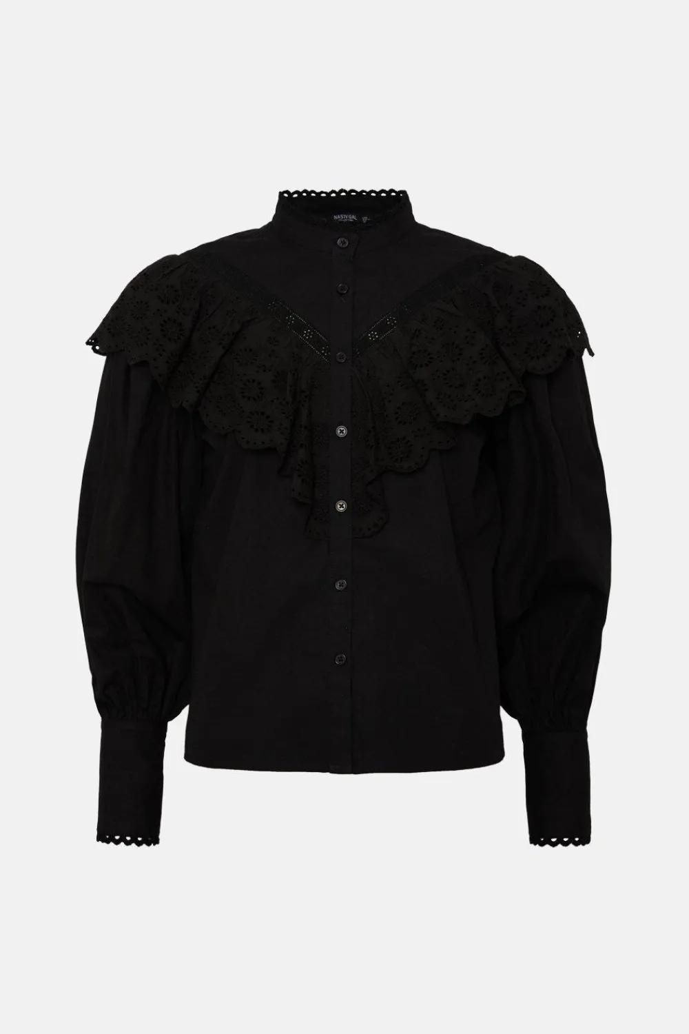 Sale Oasis Detailed Broderie Lace Trim Ruffle Blouse Black