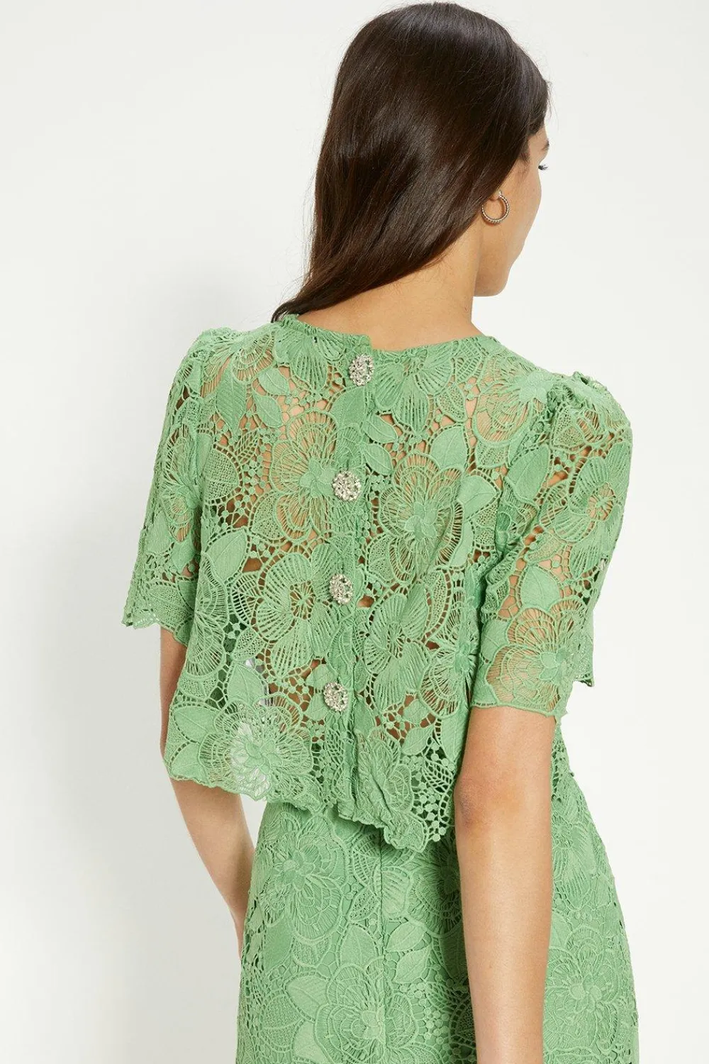 Discount Oasis Detailed Lace Jewel Button Top Green