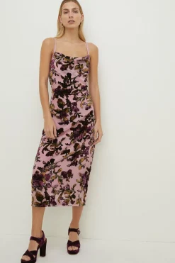 Hot Oasis Devore Cami Cowl Neck Midi Dress Nude