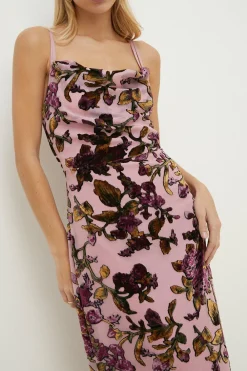 Hot Oasis Devore Cami Cowl Neck Midi Dress Nude