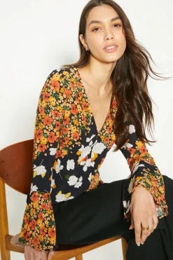 Discount Oasis Diagonal Floral Ruffle Sleeve Tea Blouse Multi