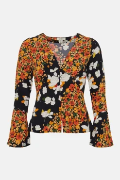 Discount Oasis Diagonal Floral Ruffle Sleeve Tea Blouse Multi