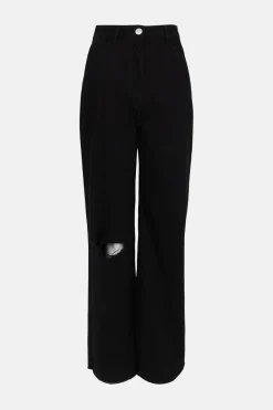 Sale Oasis Distressed Straight Wide Leg Jean Black