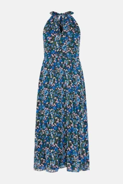 Fashion Oasis Ditsy Chiffon Halter Neck Pleated Maxi Dress Blue
