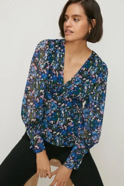 New Oasis Ditsy Chiffon Long Sleeve Top Blue