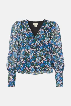 New Oasis Ditsy Chiffon Long Sleeve Top Blue