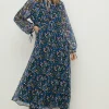 Online Oasis Ditsy Chiffon Pleated Long Sleeve Midi Dress Blue