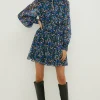 Discount Oasis Ditsy Chiffon Pleated Long Sleeve Skater Dress Blue