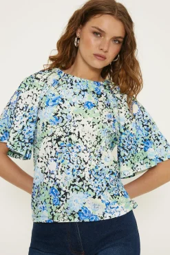 Hot Oasis Ditsy Floral Angel Sleeve Crinkle Top Multi