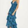 Best Oasis Ditsy Floral Ruched Ruffle Dip Hem Midi Dress Blue