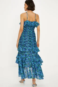 Best Oasis Ditsy Floral Ruched Ruffle Dip Hem Midi Dress Blue