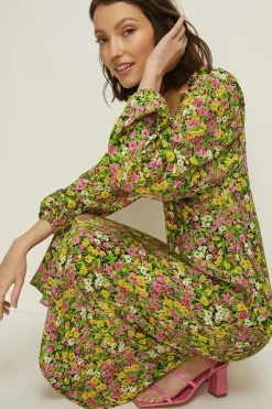 Best Oasis Ditsy Floral Tie Front Midi Dress Green