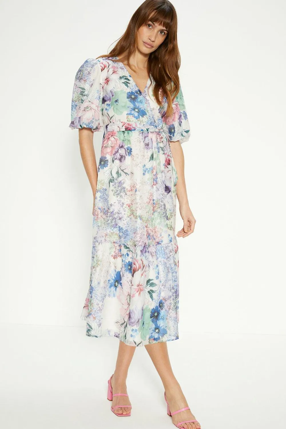 Clearance Oasis Ditsy Floral Wrap Puff Sleeve Organza Midi Dress Ivory