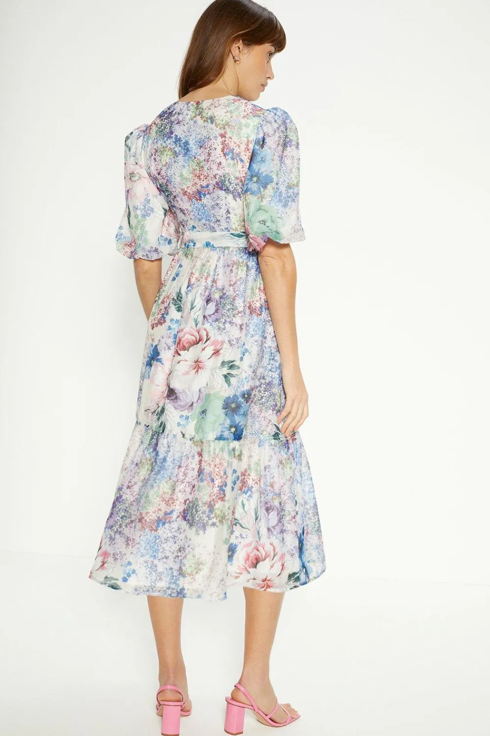 Clearance Oasis Ditsy Floral Wrap Puff Sleeve Organza Midi Dress Ivory