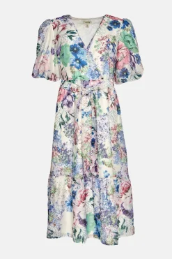 Clearance Oasis Ditsy Floral Wrap Puff Sleeve Organza Midi Dress Ivory