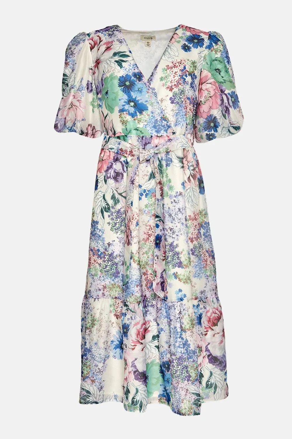 Clearance Oasis Ditsy Floral Wrap Puff Sleeve Organza Midi Dress Ivory