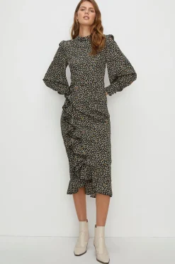 Fashion Oasis Ditsy High Neck Ruffle Split Midi Dress Black