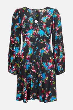 New Oasis Ditsy Print Button Front Skater Dress Black