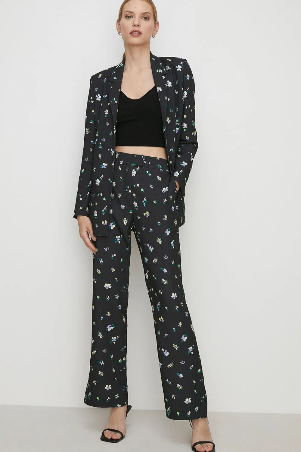 Online Oasis Ditsy Print Tailored Crepe Longline Blazer Black