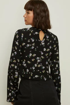 Hot Oasis Ditsy Print Twist Hem Top Black