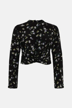 Hot Oasis Ditsy Print Twist Hem Top Black