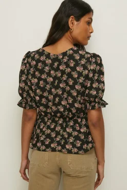 Online Oasis Ditsy Rose Puff Sleeve Tea Top Black