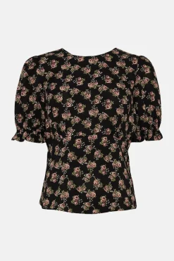 Online Oasis Ditsy Rose Puff Sleeve Tea Top Black
