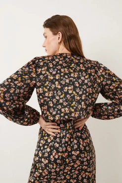 Online Oasis Ditsy Satin Twill Tie Front Top Black