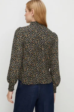 Hot Oasis Ditsy Shirred High Neck Top Black