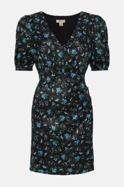 Clearance Oasis Ditsy Taffeta Ruched Side Mini Dress Black