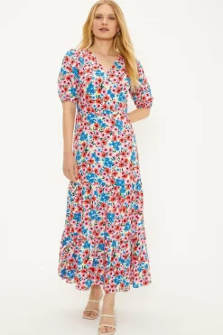 Fashion Oasis Ditsy V Neck Shirred Midi Dress Multi