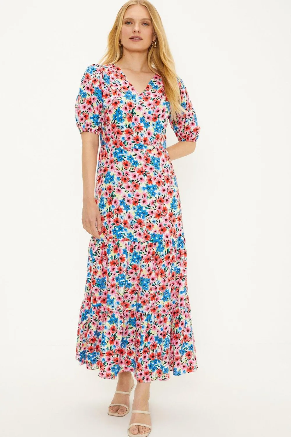 Fashion Oasis Ditsy V Neck Shirred Midi Dress Multi