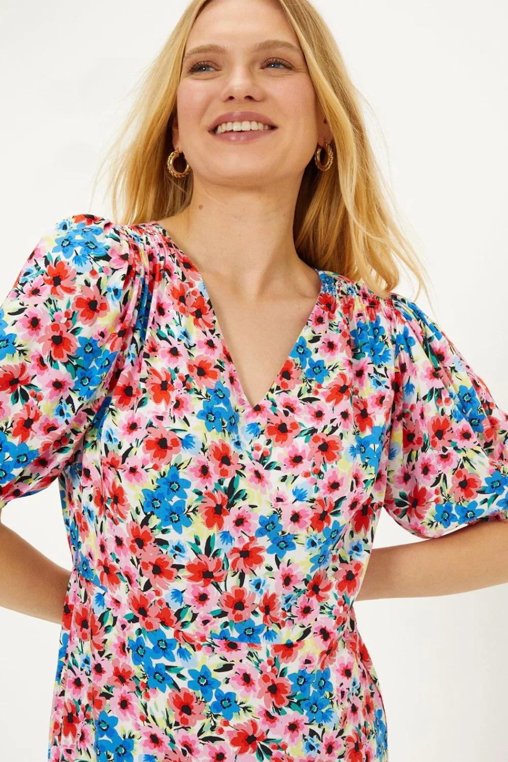 Fashion Oasis Ditsy V Neck Shirred Midi Dress Multi