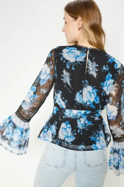 Sale Oasis Dobby Chiffon Floral Top Blue