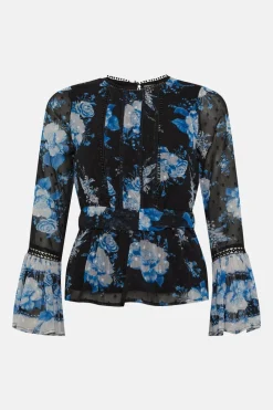 Sale Oasis Dobby Chiffon Floral Top Blue