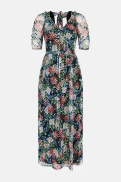 Best Oasis Dobby Mesh Floral Puff Sleeve Midi Dress Multi