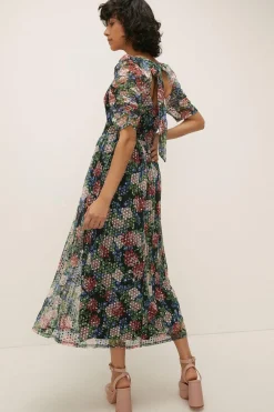 Best Oasis Dobby Mesh Floral Puff Sleeve Midi Dress Multi