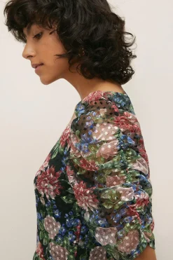 Best Oasis Dobby Mesh Floral Puff Sleeve Midi Dress Multi