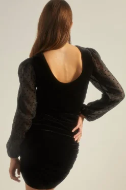 Clearance Oasis Dobby Mesh Sleeve Velvet Ruched Mini Dress Black