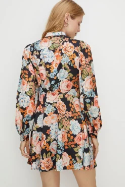 Online Oasis Dobby Satin Floral Button Front Skater Dress Black