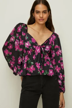 Sale Oasis Dobby Satin Floral Tie Front Top Black