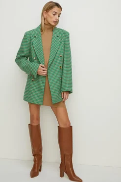Clearance Oasis Double Breasted Houndstooth Check Coat Green